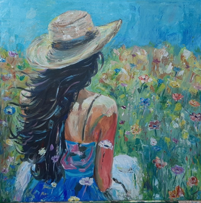 Dame met hoed in bloemen